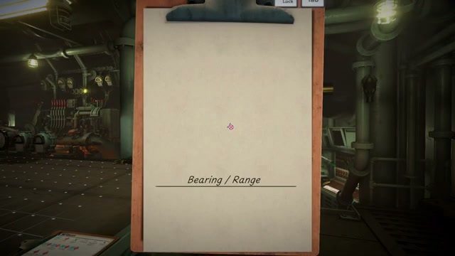 IRON NEST clipboard open to a bearing and range report beside the operator stations.