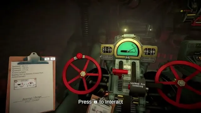 IRON NEST gun controls with elevation gauges and the loading lock indicator visible.